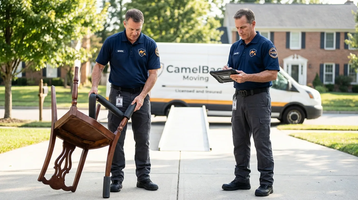 Movers inspecting furniture for damage prevention before loading in Sheridan, AR