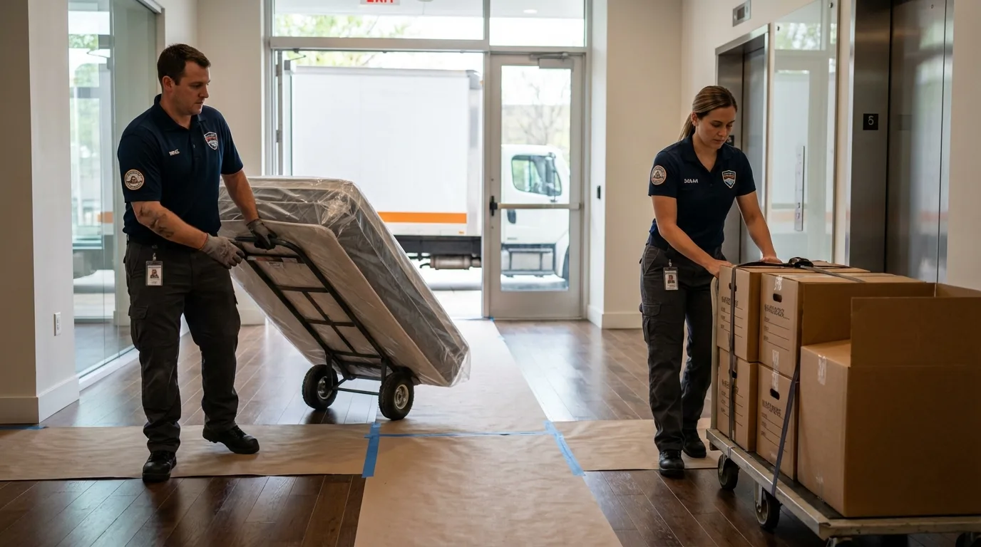 Professional apartment movers loading elevator in Sheridan, AR