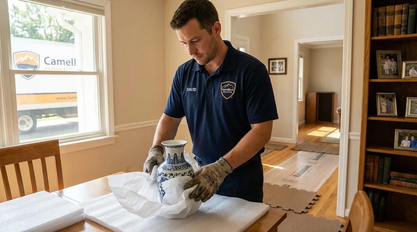Professional crew carefully wrapping antique vase for senior downsizing move in Sheridan, AR